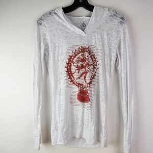 Om Shanti Boho Hoodie Women’s M White Red Ethnic Festival Hippie Long Sleeve Top